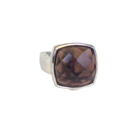 Vintage CHUNKY Sterling Silver 925 Square Smoky Quartz Cocktail Ring Size 7 - Picture 4 of 10